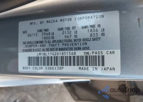2013 Mazda Mazda3 I Sv from USA, damaged, VIN JM1BL1TG2D1851568